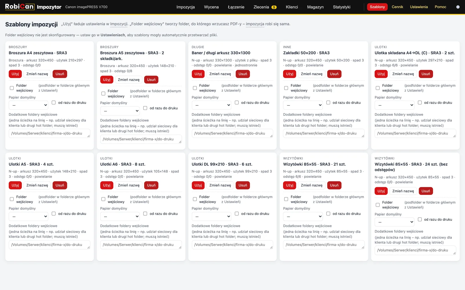 Szablony z opcją folderu wejściowego i automatycznej wysyłki