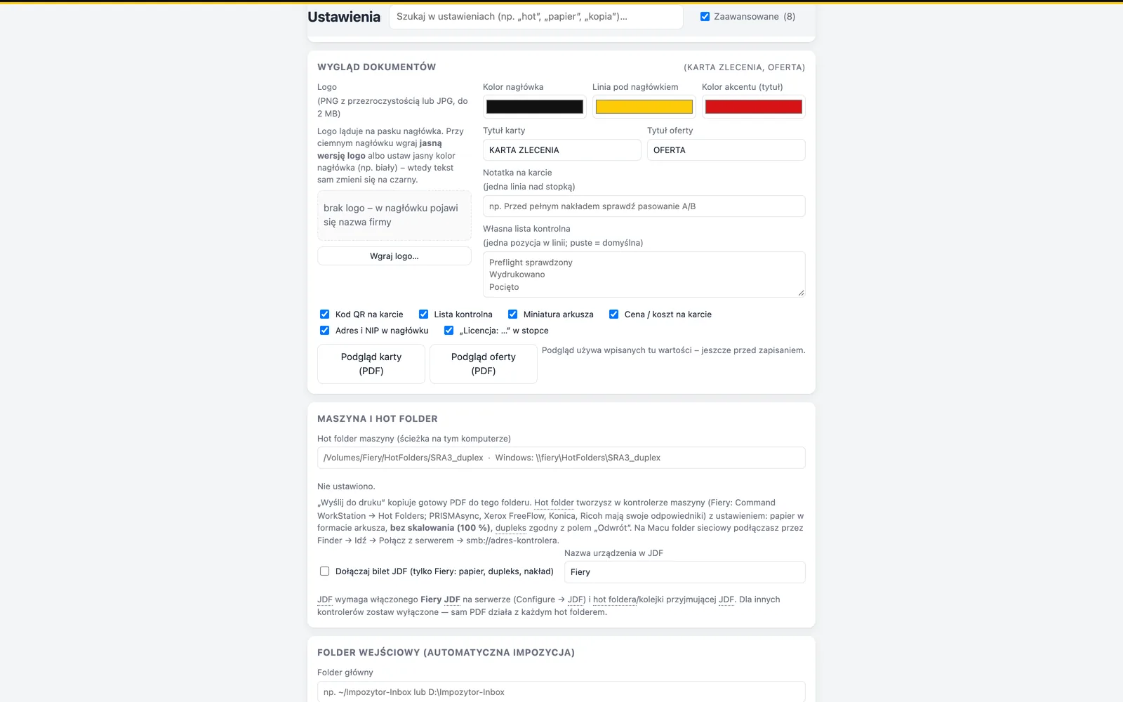Ustawienia wyglądu dokumentów z podglądem; obok program w trybie „na własne potrzeby”