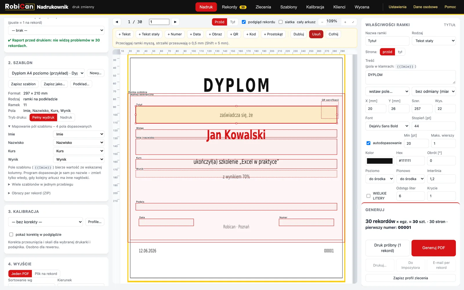 Szablon dyplomu: ramki, numeracja i kod QR